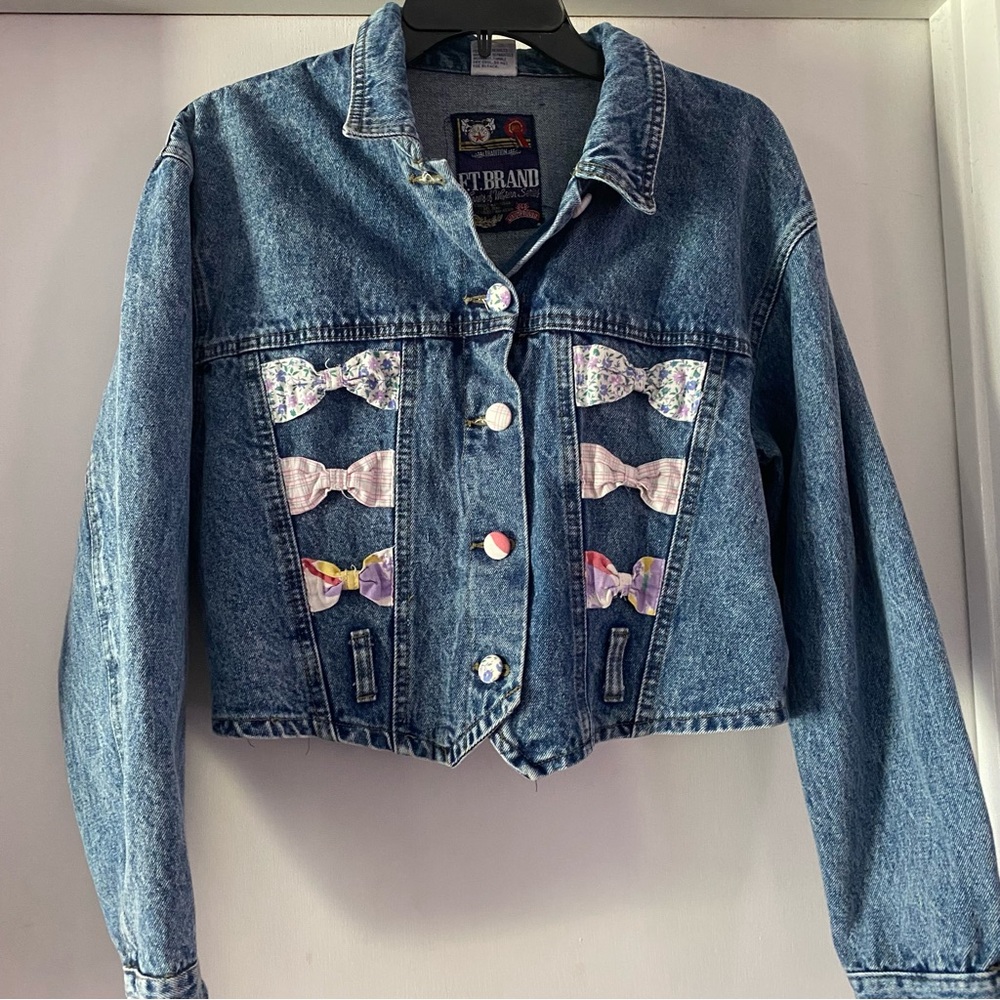 Cropped Womens Vintage Acid Wash Denim Jacket with Pastel Bow Details - Blue